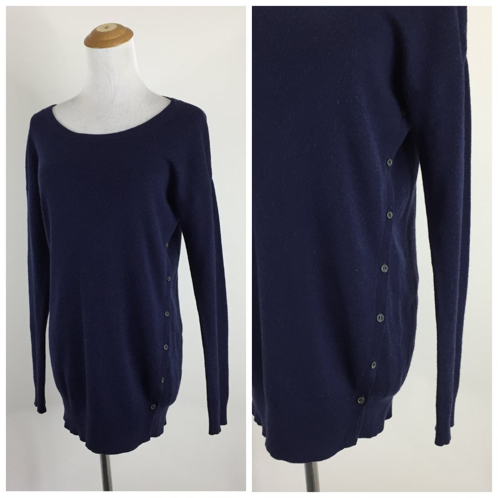Theory Dark Blue Cashmere Blend Knit Xara Cashcotton Button Longer Body Sweater